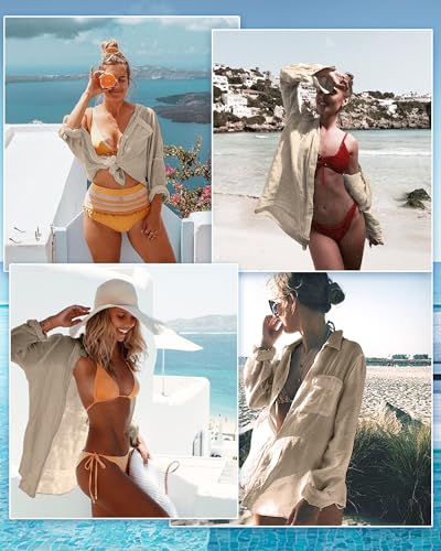 Image of CoCozy Bathing Suit Cover Ups for Women, Long Sleeve Swimwear Button Down Shirt Dress Swimsuit Bikini Beach Cover Up 2026,Khaki