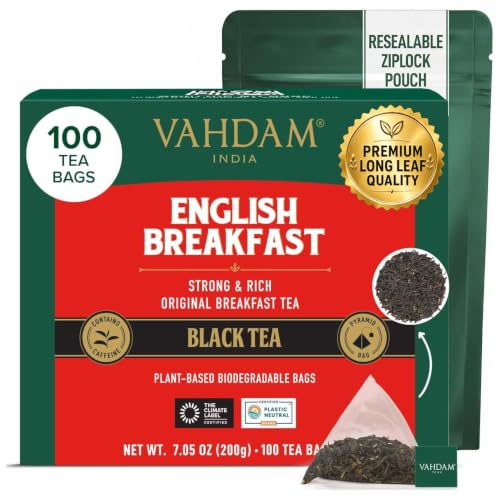 Image of VAHDAM, English Breakfast Black Tea Bags (100 Count) High Caffeine | Strong, Robust & Flavoury | Pyramid Tea Bags | Full Bodied Black Tea Leaves