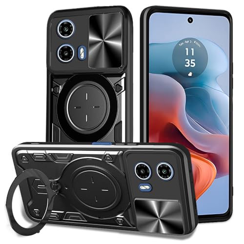 Image of AESTMO Armor Motorola Moto G34 / G45 5G Bumper Back Case Cover | Ring Holder & CD Pattern Sliding Camera Shutter Cover | Back Case Cover for Motorola Moto G34 / G45 5G (Black)