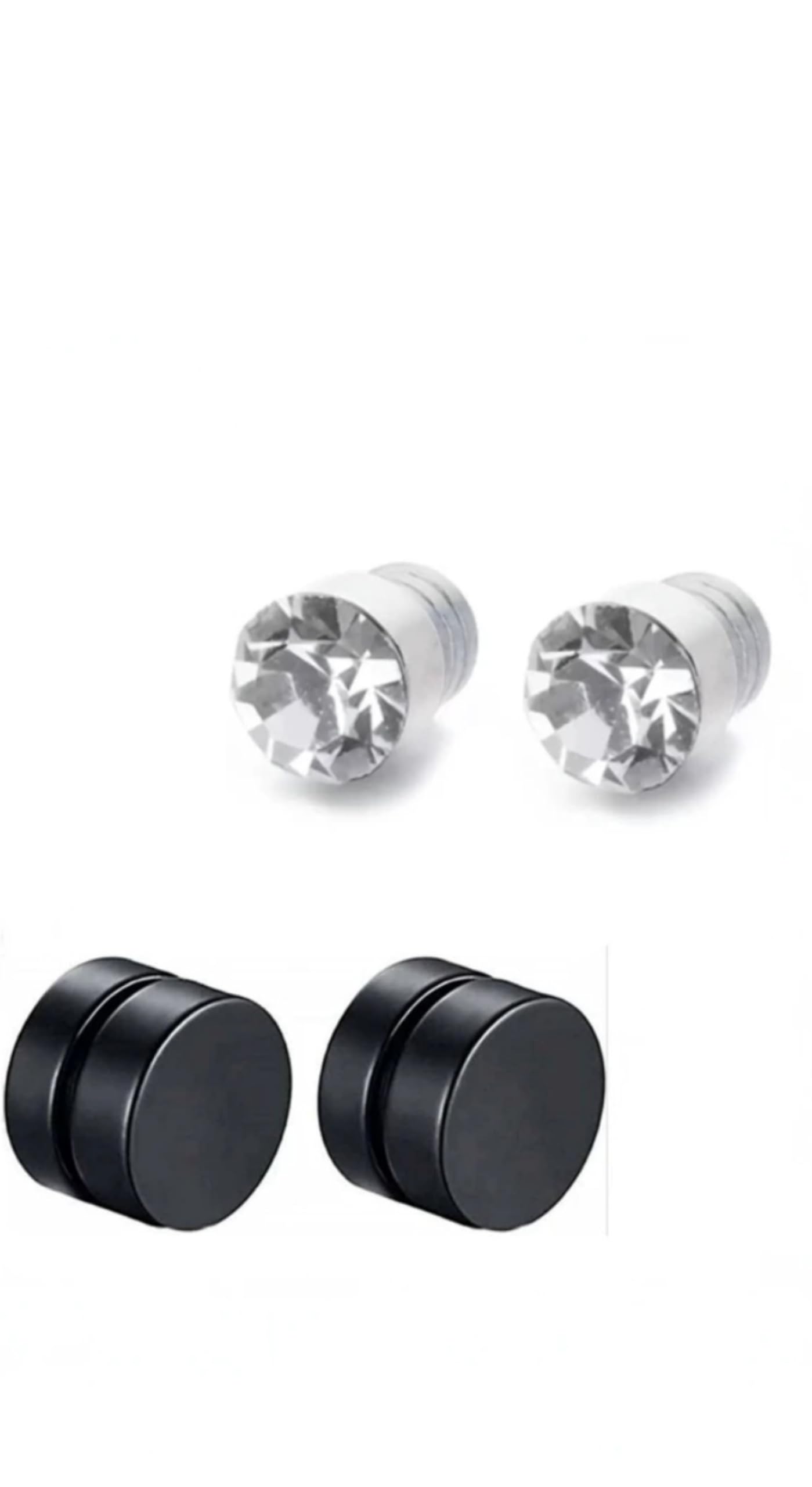 Magnetic Stud Earrings, No Piercing Required, Crystal Rhinestone and Plain Round, Black and Silver, Set of 2 Pairs-image-18
