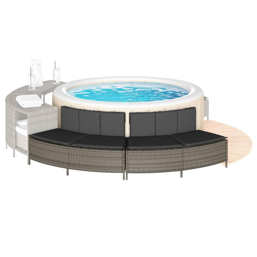 Ławki do jacuzzi z nakładkami, 2 szt., szary polirattan, stal malowana proszkowo, odporna na promieniowanie UV, modułowa do ogrodu, na taras, w zestawie zdejmowane poduszki na siedzisko i