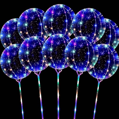 Hokoad 10 Pack LED Balloons with Sticks 15Pcs 20 Inch Clear Bobo Balloons Light Up Helium Glow Bubble Balloon Lights for Party Supplies Valentines Decor (Colorful)