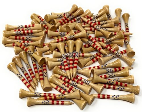 NorthPointe 2 1/8” Short Golf Tees for Par 3’s, Low Profile Woods and Hybrids – USA Stars and Stripes American Flag – 80 Wooden Golf Short Tees in Bulk (80, Stars & Stripes)