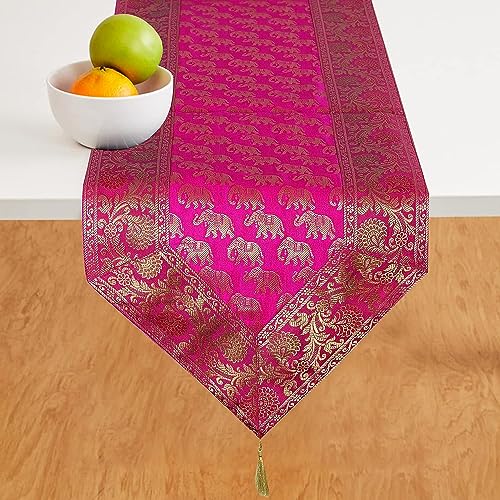 Image of Traditional Brocade Silk Table Runner for Living Room 4 to 6 Seater Dining Table Runner Elephant End Tassels 14x80 Inches (Pink)
