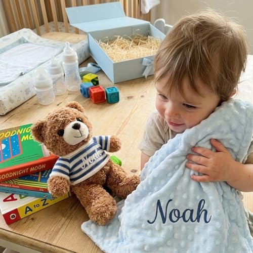 Image of Personalized Baby Blanket with Bear Set for Baby Boy Gift | Custom Baby Blanket with Name, Custom Blankets & Teddy Bear Gift Set for Birthday, Flannel Dot Swaddle for Baby Shower Gifts