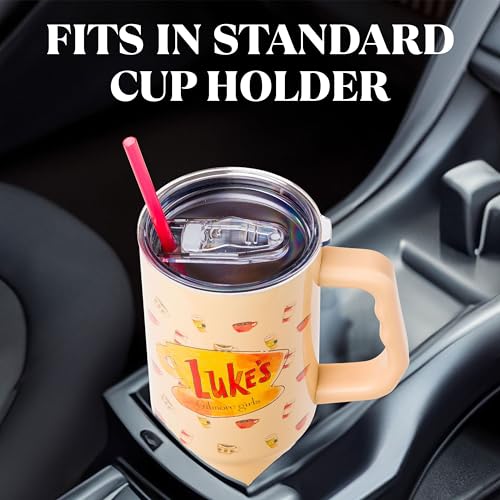 Image of Silver Buffalo Gilmore Girls Luke's Diner Double Walled Stainless Steel Tumbler with Handle and Straw, Fits in Standard Cup Holder, 40 Ounces