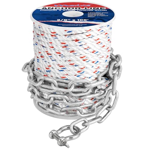 MARINE SYSTEM Anchor Line 3/8 Inch 50 FT 100 FT 150 FT Nylon 3 Strand Anchor Rope with 1/4inch x 6.6ft Galvanized Anchor Chain (3/8 Inch x 50 Ft)