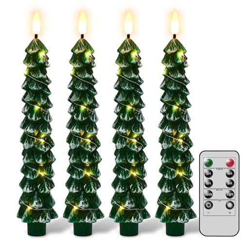 Image of GenSwin Christmas Tree Flameless Taper Candles candlesticks Remote Timer | Green,String Lights, Battery Operated Led Candle, Christmas Home Winter Decoration, 4 Pack, 0.78 inch x 9.8 inch