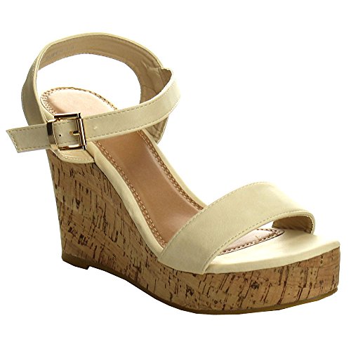 Fashion Focus Super-1 Women's Classic Platform Criss Cross Cork Wedge Dress Sandals,Blush,8.5