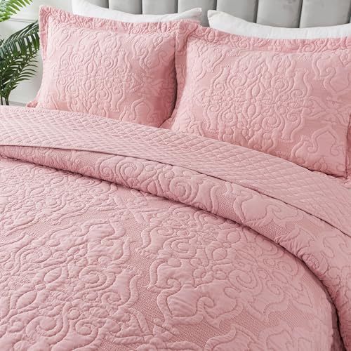 NEWLAKE Quilt Bedspread Set, Pink Jacquard Embossed Floral Pattern Reversible Embroidered Microfiber Coverlet Sets, King Size