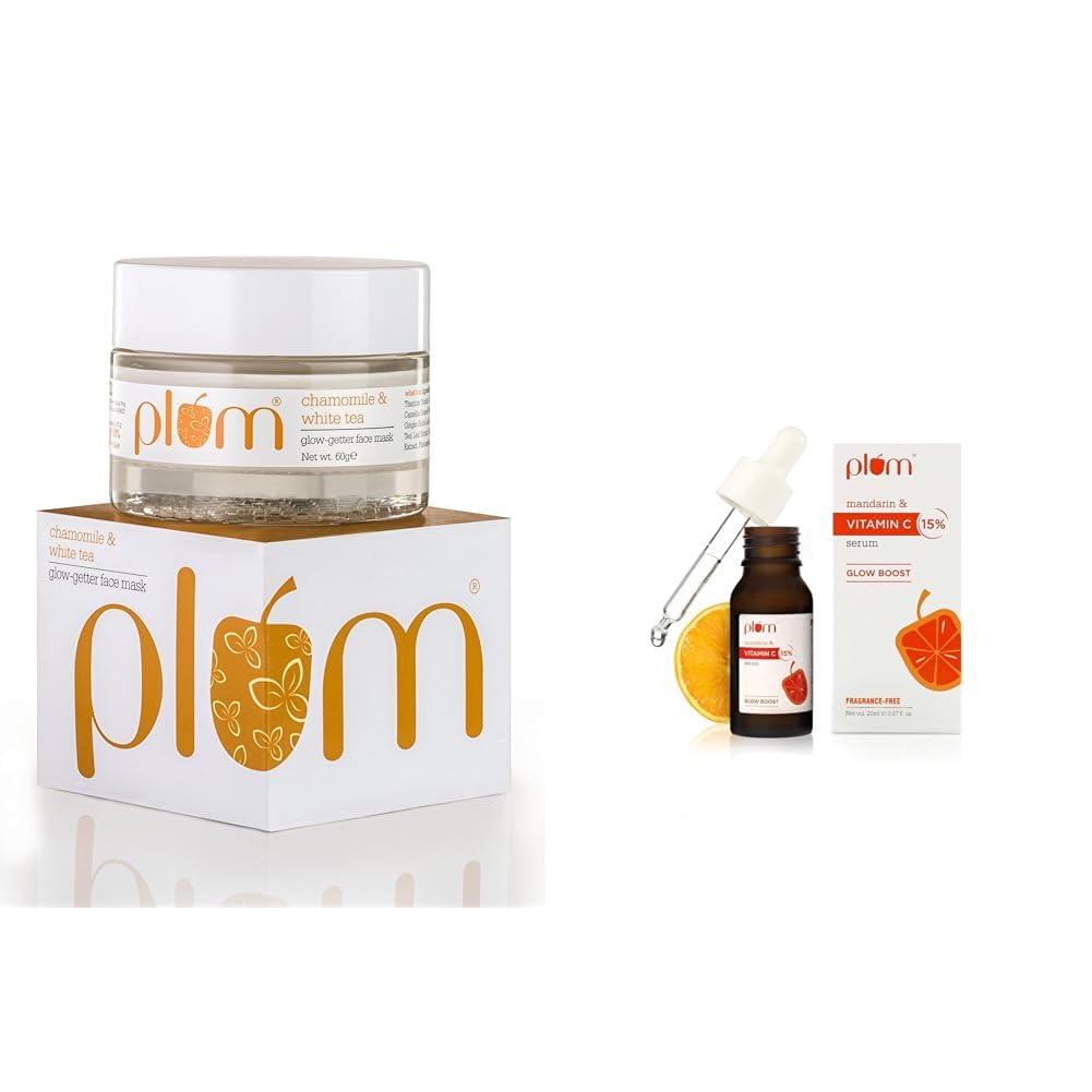 Plum Chamomile & White Tea Glow-Getter Face Mask 60g & Plum 15% Vitamin C Face Serum with Mandarin for Glowing Skin with Pure Ethyl Ascorbic Acid for Dull Skin, Fragrance-Free, 20 ml