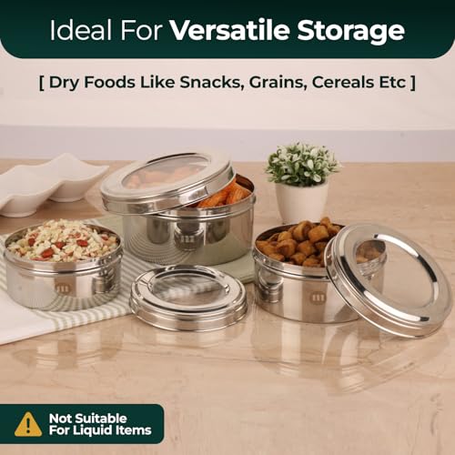 Image of MARU Stainless Steel Dabba Set for Kitchen with Transparent Lids Set of 3 (500ml, 750ml, 950ml), Stackable See-Through Containers for Everyday Use, Ideal for Storing Food, Snacks, Chapati & More
