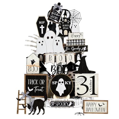 Vercraft 22 Pcs Halloween Tiered Tray Decor Set Cute Ghost Tray Decorations Halloween Wooden Signs Farmhouse Rustic Black Cat Tiered Decoration for Home Table Decorations Party Supplies