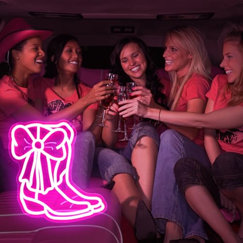 Image of Cowboy Boot With Pink Bow Neon Sign Cowgirl Boot Led Sign Dimmable Cowgirl Western Wall Decor Coquette Bows Pink Room Decor Aesthetic Birthday Party Gifts