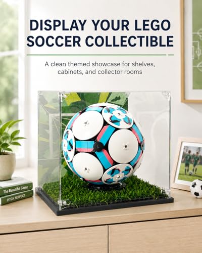 Image of Acrylic Display Case Compatible with LEGO Editions Soccer Ball, 10.5 inch Clear Display Box with Soccer-Themed Background & Artificial Turf, Dust-Resistant Acrylic Showcase for Soccer Ball