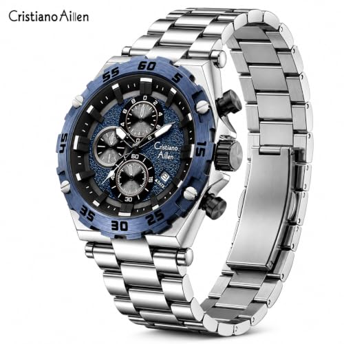Cristiano Aillen Men's Analog Chronograph Watch, Black SILVER BLUE - Image 3