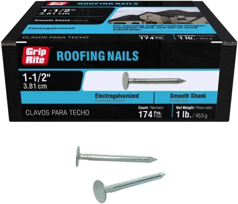 Clavos para techos electrogalvanizados - Fieltro, tablero aislante y tejas de asfalto seguras - 1-1/2" - Paquete de 1 lb - 112EGRFG1