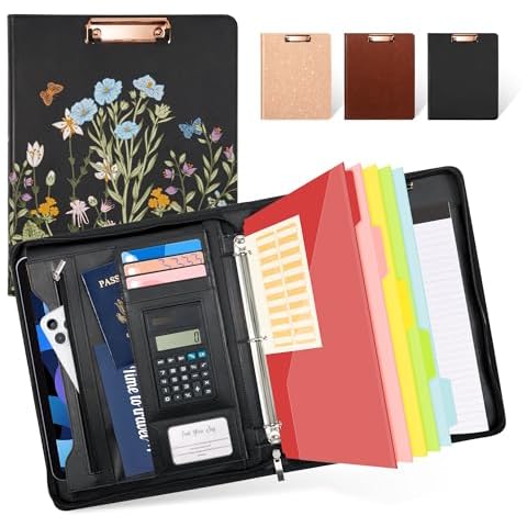 Ospelelf Leather Portfolio Folder with Zipper - 3 Ring Binder with Clipbard - Calculator, 12.1” Tablet Sleeve, 5 Dividers with 10 Pockets, Refillable Notepad, Card Holder (Bushes) Cover