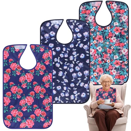 Adult Bibs - 3 Pcs Washable Clothing Protector with Crumb Catcher, Reusable Waterproof Large Feeding Adult Bib for Eating