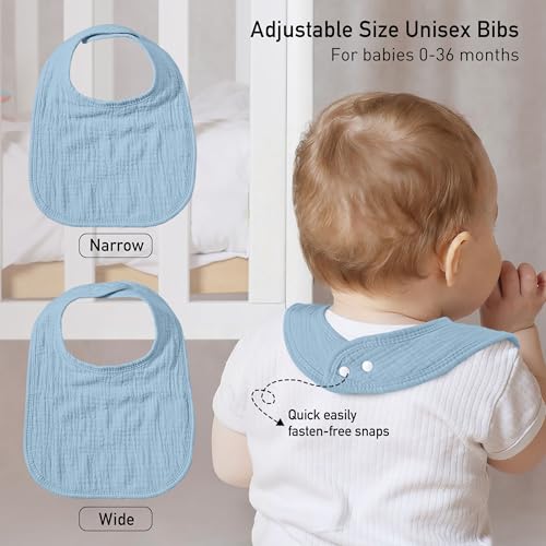 Image of Muslin Bibs for Baby Boy Girl, Adjustable Fit for Drooling and Teething | 6Pk, 100% Soft Cotton Surface & Multi-Layer Absorbent Core, Shrink-resistant & Fade-Proof, Gentle on Sensitive Newborn skin