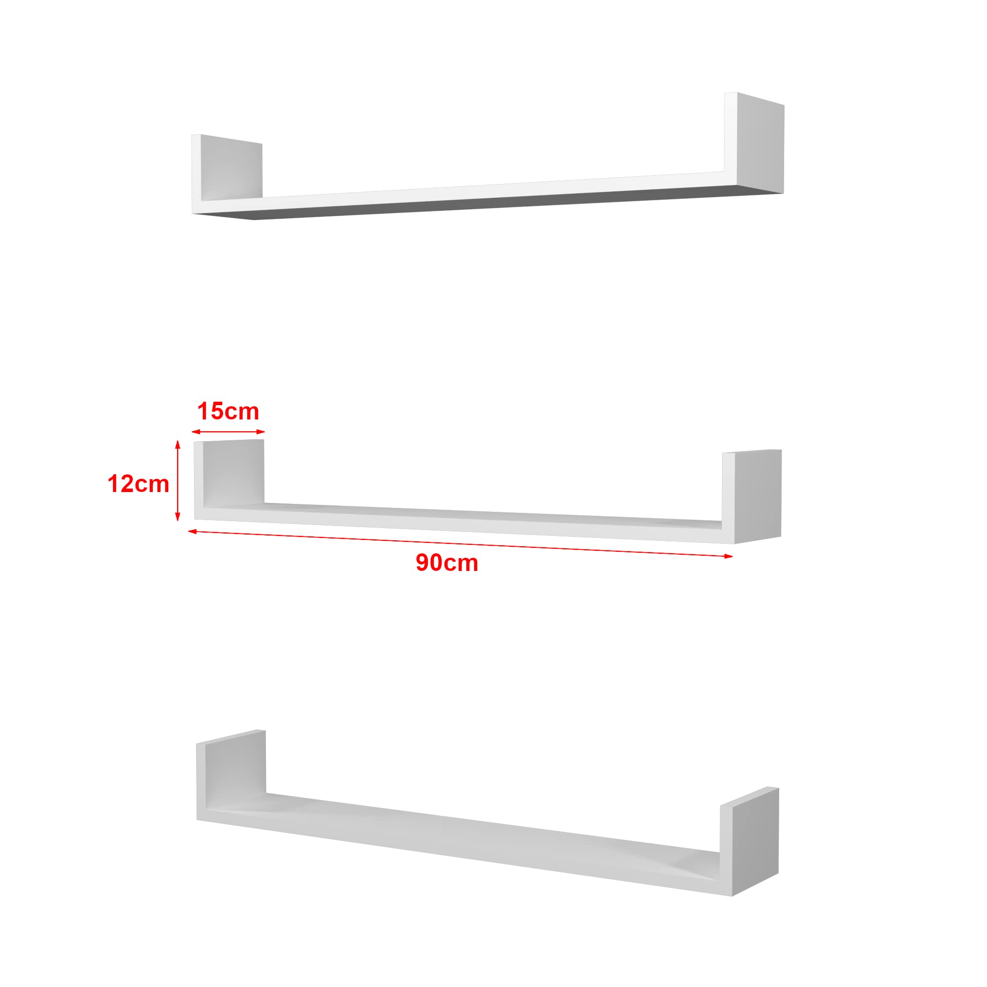 [en.casa] Set di 3 Mensole da Muro (AxLxP) 12 x 90 x 15 cm Consolli Pensili con Piano d'Appoggio a Forma di U - Bianco