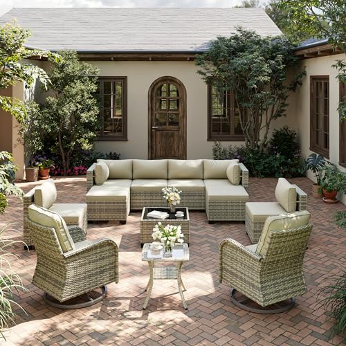 Image of Outdoor PE Wicker Rattan Modular Patio Sectional Sofa Set | 12-Piece: 6 Modular Seats, Coffee Table, 2 Swivel Rocking Chairs, Side Table & 2 Ottomans, Ivory