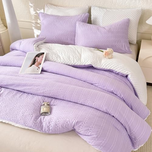 Image of tohrisa Boho Comforter Set King Size Striped Pleats Bohemian Seersucker Bedding Set All Season Soft Cozy 3 Pieces Quilt with 2 Pillowcases(104 inchX90 inch Lavender)