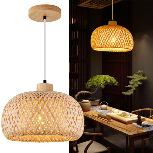 Daoseolo Bamboo Pendant Light, 11.8inch Hand-Woven Natural Wicker Rattan Bamboo Lamp, Beige Boho...
