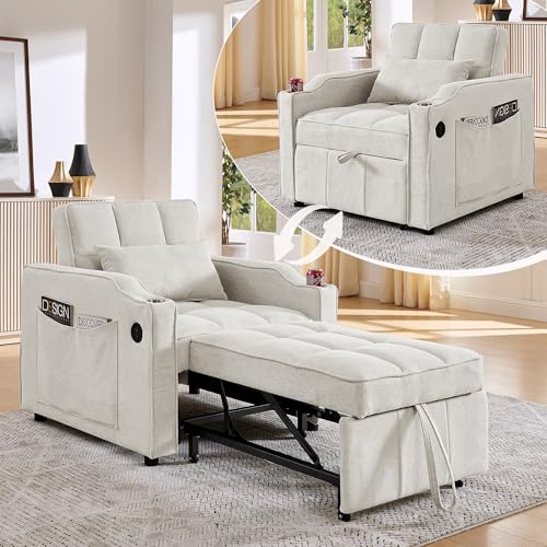 Bladez Sillón 3 en 1 con conexión USB/Type-C, sofá cama (190 cm) con soporte para bebidas de acero inoxidable, función de cama y respaldo ajustable en 3 niveles, bolsillos laterales (beige)
