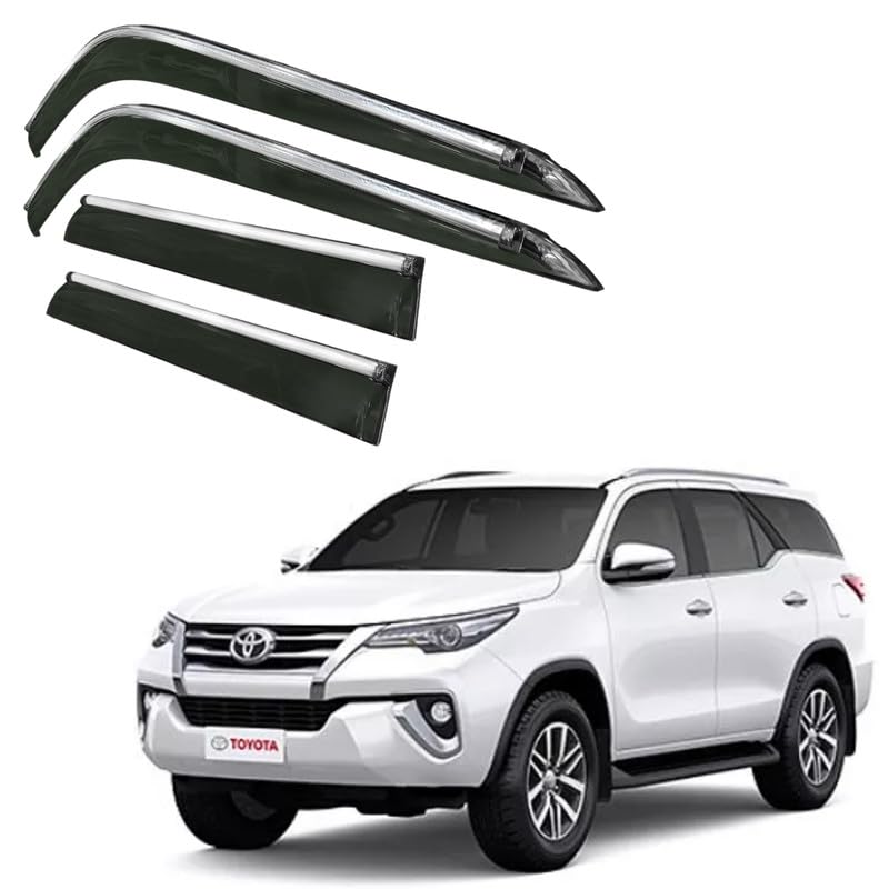 Image of CAR SAAZ Side Door Visors for Fortuner Type 3 (2016-2021)(Set of 4Pcs)|Chrome Lined Rain Guards, Polycarbonate, Smoke Finish