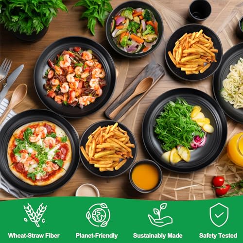 LIYH-Wheat-Straw-Dinnerware-Sets-Unbreakable-Dinner-Plates-for-4-Plates-and-Bowls-Set-Black-Plastic-Dinnerware-Set-Include-8Pcs-Wheat-Straw-Plates-4Pcs-Bowls-4Pcs-Cups-Dish-Set-for-KitchenCamping