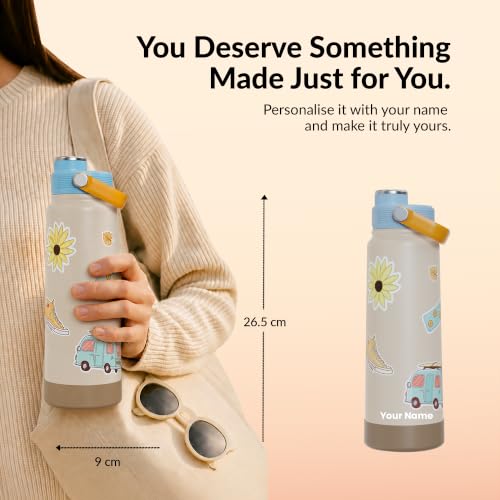 Image of Rabitat Hyde Personalized Vacuum Insulated Stainless Steel Water Bottle 1000 ml | Double Wall Vacuum Insulation|18 /8 Food Grade Steel | Leak Proof | Wide Mouth | Ring Handle | BPA Free | Happy Trails