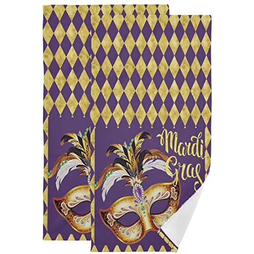 Wamika Mardi Gras Masquerade Party Hand Bath Towel Hanging Towels Set Fleur De Lis Mask Beads Confetti Feather Purple Golden Plaid Kitchen Dish Towel Highly Absorbent 2Pcs #TOP2