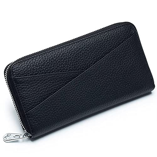 Women's Wallet Genuine Leather RFID Blocking Credit Card Case Elegant Clutch Purse Travel Phone Wallet with ID Window, Black, One Size