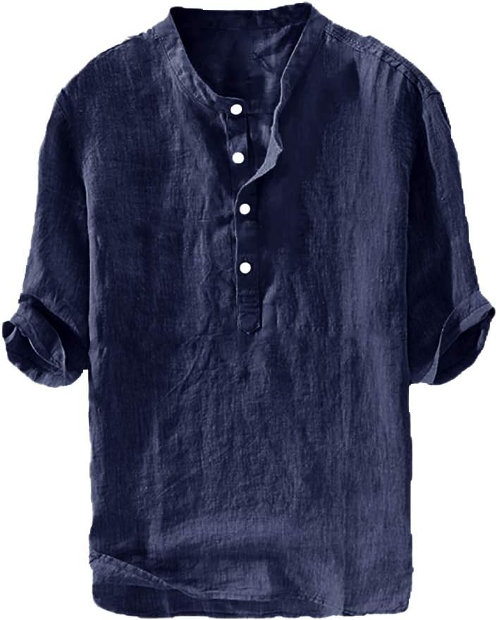 Ryannology Mens Linen Shirts Casual Cotton 3/4 Sleeve Regular-Fit Henley T-Shirt Summer Lightweight Beach Yoga Tops