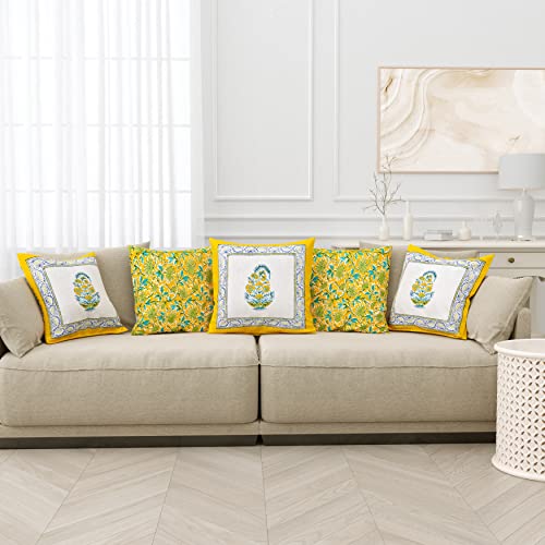 Image of BLOCKS OF INDIA Hand Block Printed Cotton Linen Cushion Cover (16 X 16 Inches) (Blue Yellow Motifs), 250 TC