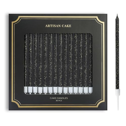 ARTISAN CAKE 36-Count Black Glitter Long Thin Birthday Candles Cake Candles Birthday Parties Wedding Decorations Party Candles