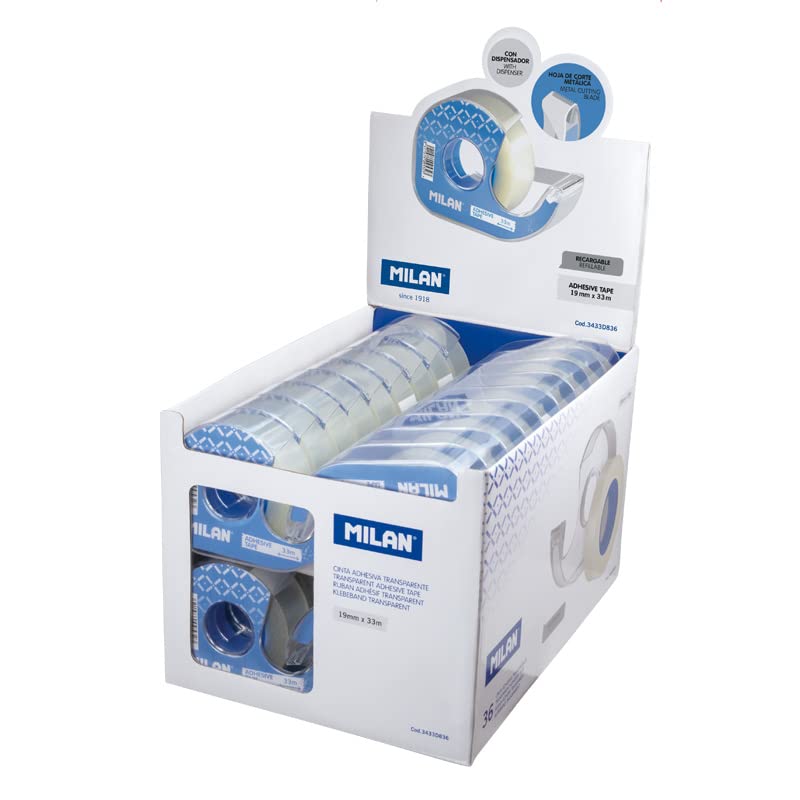 Caja expositora 36 dispensadores cinta adhesiva transparente brillante 19 mm x 33 m MILAN®