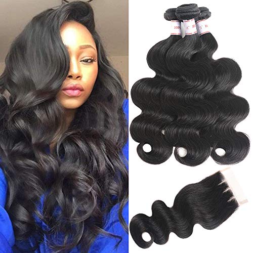 Hepoiss Brazilian Virgin Hair Body Wave 3 Bundles With Closure 100% Unprocessed Body Wave Human Hair Weave 350g/lot Color Natural Black Hair Extension (18 20 22+16 Three Part)
