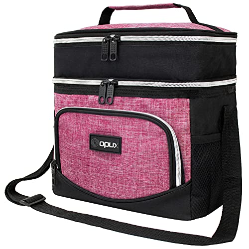 OPUX Insulated Dual Compartment Lunch Box for Women | Leakproof Double Deck Lunch Bag Work Office | Soft Cooler Tote Shoulder Strap Adult | Reusable Thermal Lunch Pail Kit 12 Can, Pink