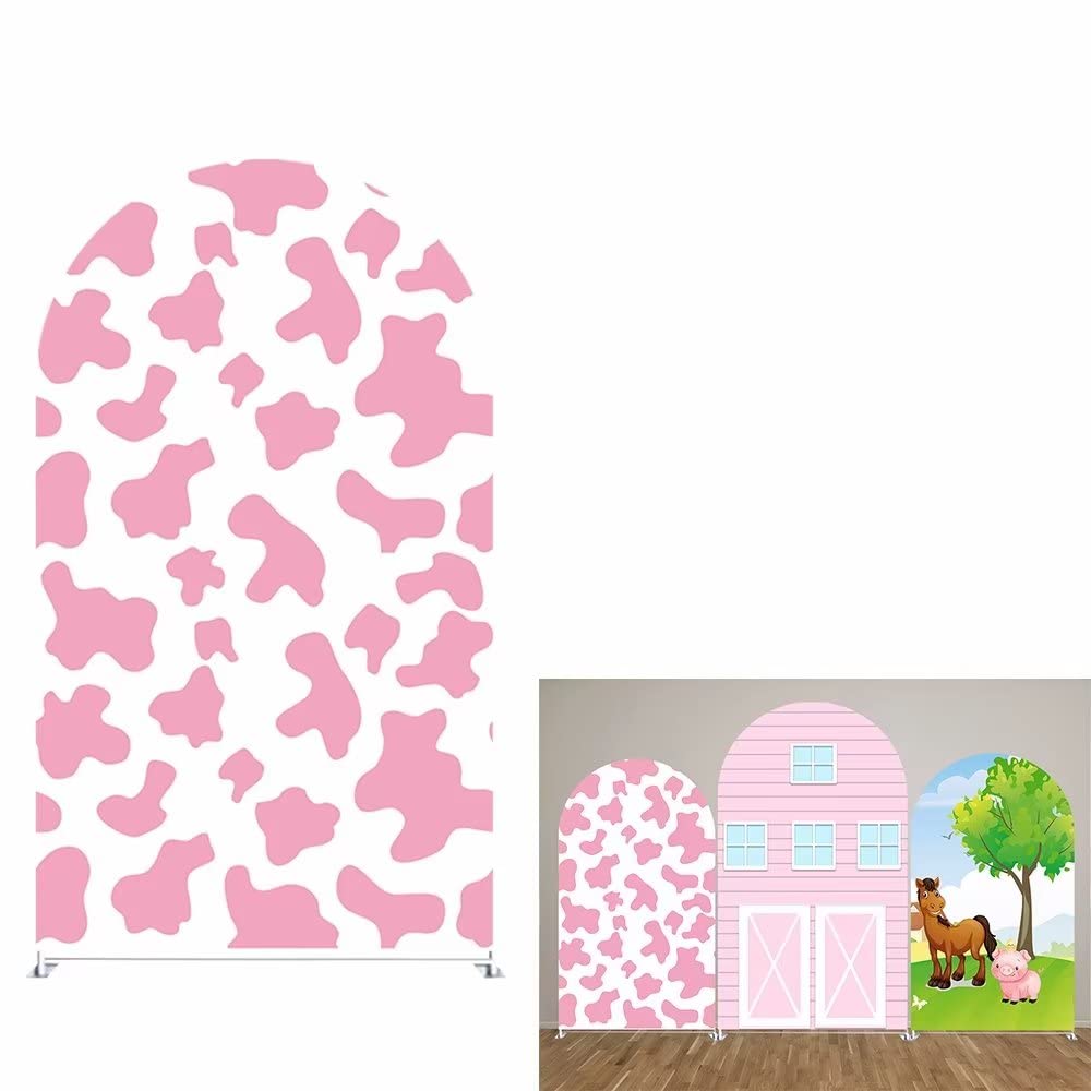 HUAYI Pink Cow Pattern Arch Backdrop Cover Girl Farm Parties Chiara Backdrops Decorations Arched Wall Covers Stands Display Props Farm Party Banner GX-229 4ft * 7ft