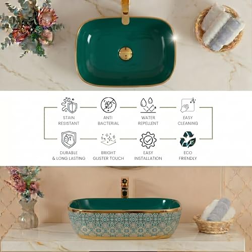 Image of BASSINO 18x13x5.5 Inches Table Top Washbasin /1 Year Warranty /Ceramic Wash Basin for Bathroom /Rectangle Counter Top Wash Basin for Dining Hall /Living Room /Tabletop Sink(Glossy Green & Gold)