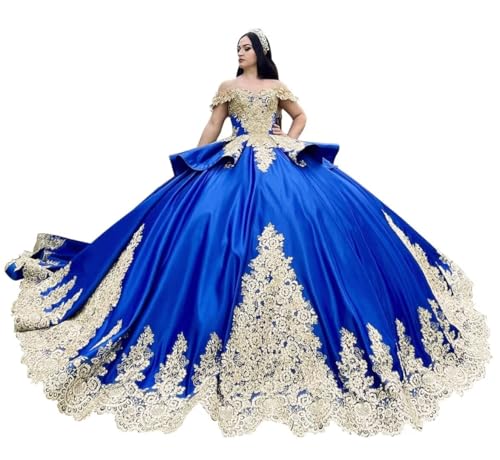 Princess Satin Quinceanera Dresses Gold Lace Sweet 16 Dresses Off The Shoulder Applique Long Ball Gown with Train