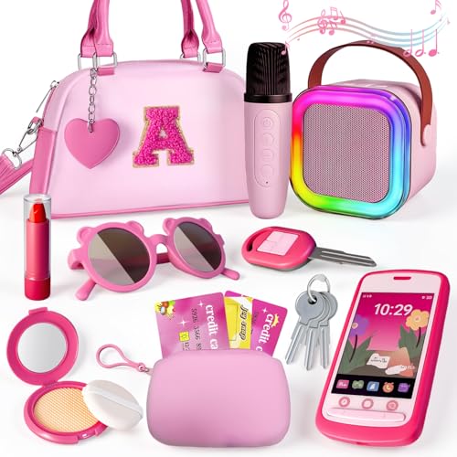 Play Purse for Little Girls, Kids Purse with Pretend Play Princess Toys Includes Handbag, Mini Karaoke Machine, Phone,Wallet, Key,Toddler Purse Birthday Gift for Girls Age 3 4 5 6+