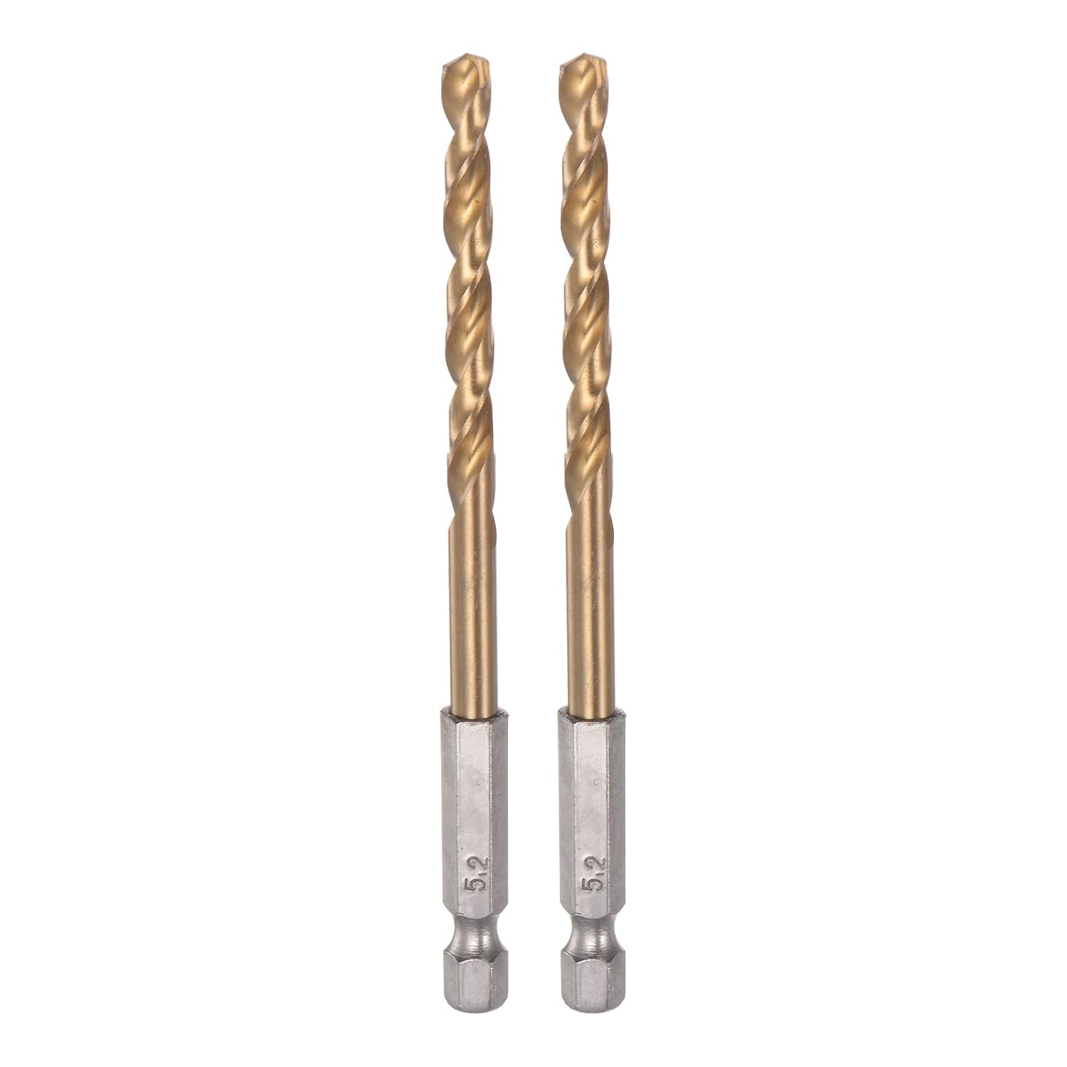 HARFINGTON 2pcs 1/4" Hex Shank Drill Bits 5.2mm Titanium Drill Bits Set M35 High Speed Steel Twist Drill Bit 105mm Long Fully Ground for Wood, Stainless Steel, Metal, Plastic