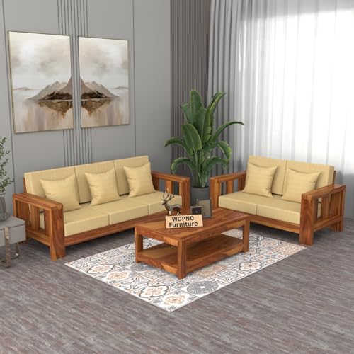 Image of Solid Sheesham Wood Sofa Set 5 Seater for Living Room | Wooden 5-Person Sofa Set for Home Office | 3+2 Sofa Sets for Living Room | (Honey, 5 Seater)