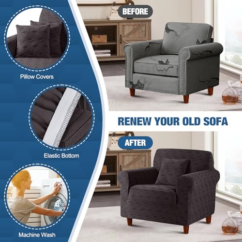 Image of TAOCOCO Stretch Chair Slipcover, 1Piece Non Slip Armchair Cover Washable Chair Sofa Slipcover with 1PCS Throw Pillow Cover, Jacquard Furniture Protector for Pets Dog(1 Seater,Chocolate)