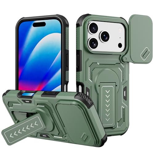 Coque iPhone 17 Pro Max antichoc verte avec support silicone et cache caméra coulissant