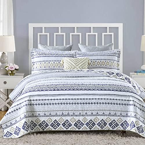 KALOOLA King Quilt Bedding Set 100% Cotton 3 Pieces, Boho Navy Beige Striped King Size Quilt, Bohemian Reversible Lightweight Bedspread for All Season, 1 Quilt 2 Pillowshams