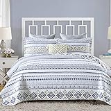 KALOOLA King Quilt Bedding Set 100% Cotton 3 Pieces, Boho Navy Beige Striped King Size Quilt, Bohemi